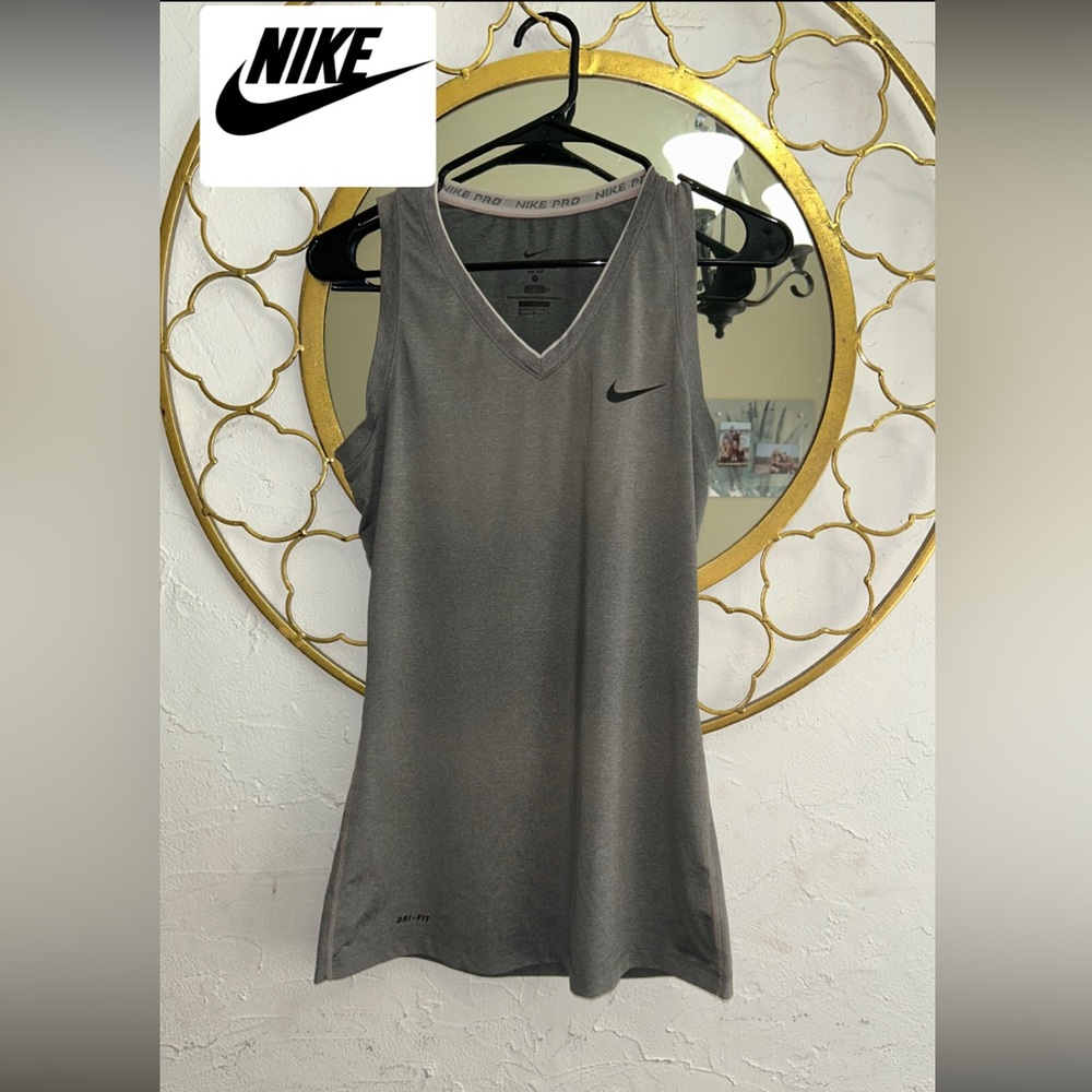 Women's Nike Pro Dri-Fit, Grey fitted Vneck work out tank. Size Medium